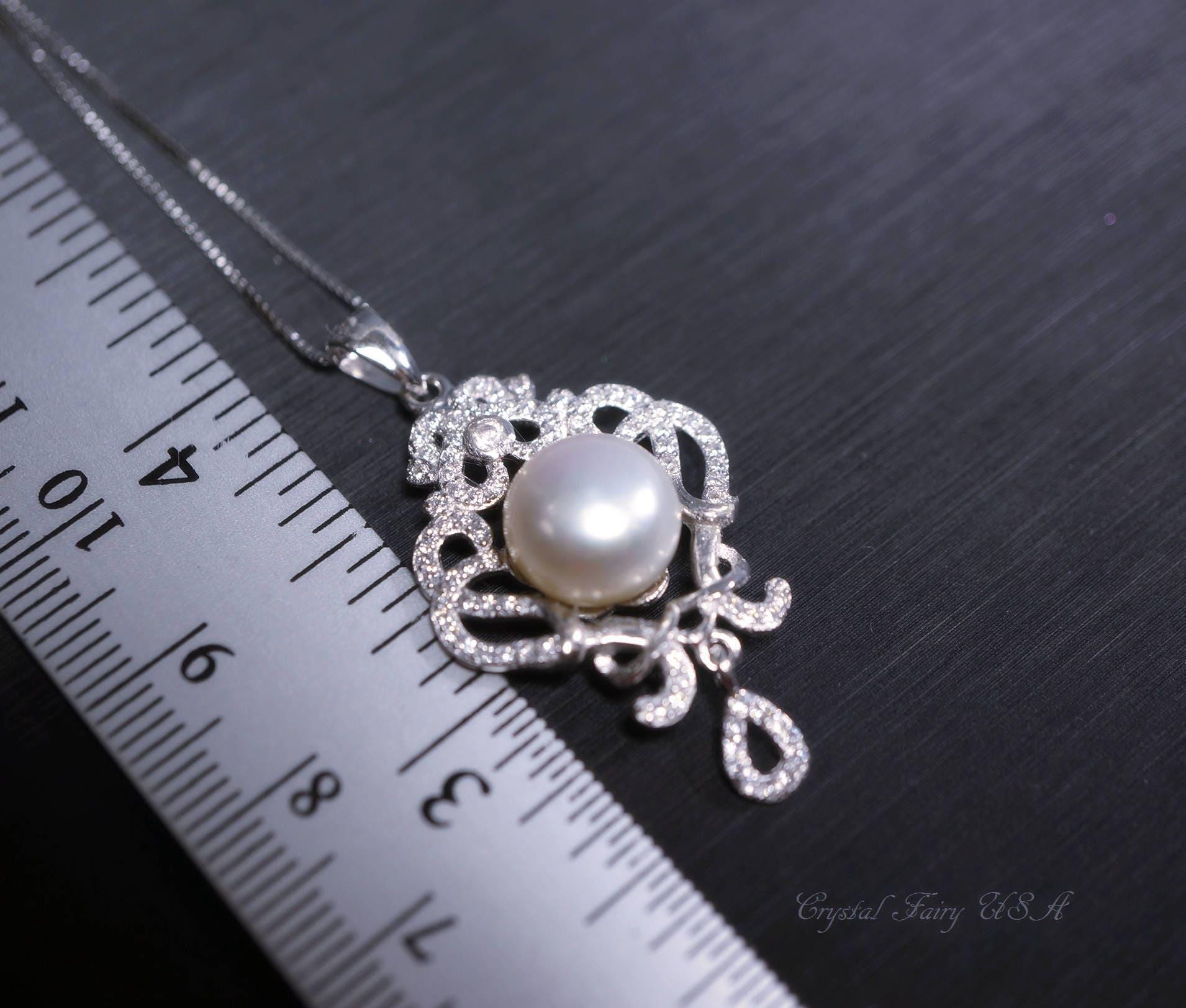 Bridal Genuine Pearl Necklace - 18KGP @ Sterling Silver - Natural Freshwater Gemstone Tassel White Pearl Pendant Jewelry #706