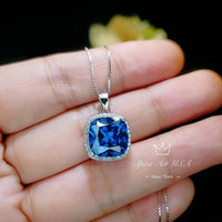 Large Radiant Blue Sapphire Necklace - 925 Sterling Silver Made Sim Gemstone White Gold September Birthday Blue Gemstone Jewelry #549