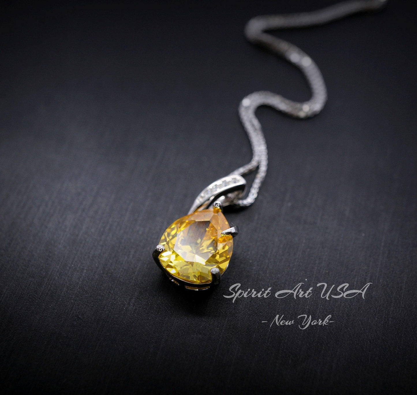 Yellow Moissanite Gemstone Necklace - Solitaire Teardrop Cut - 18KGP @ Sterling Silver - Lab Created Citrine November Birthstone #585