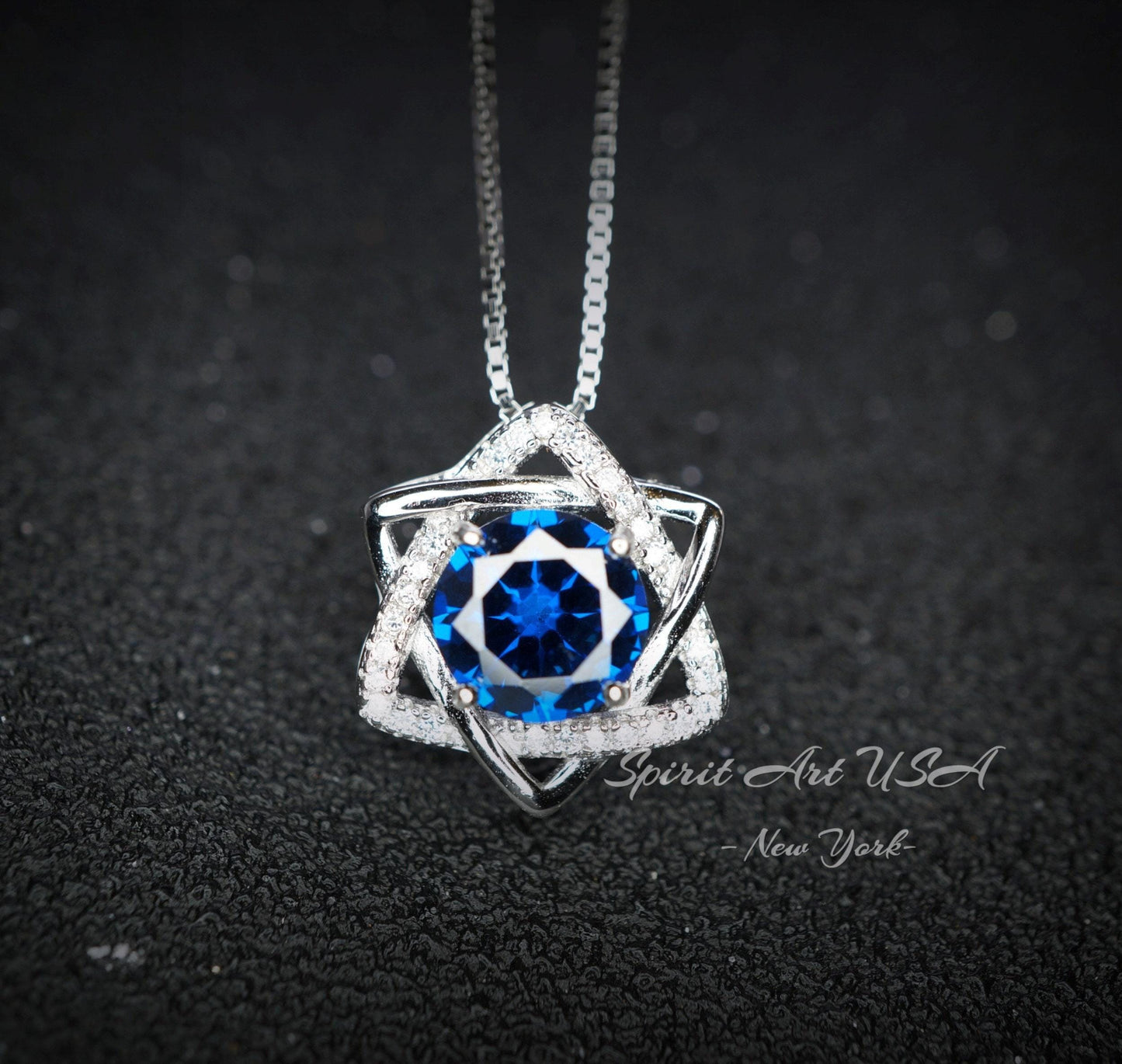 2 CT Blue Sapphire Necklace - Gemstone David Star Necklace - September Birthstone - Dainty Blue Sapphire Pendant #445