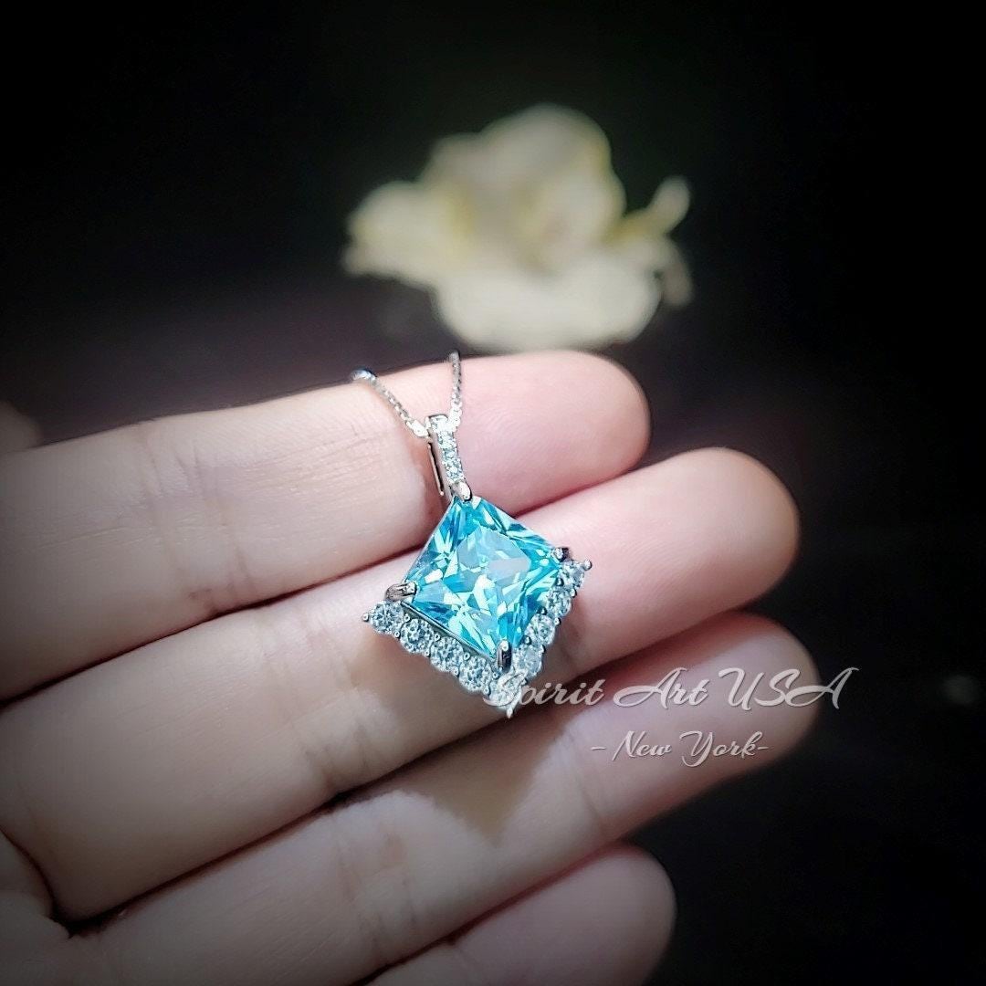 Gemstone Style Blue Aquamarine Necklace - 6.5 CT Square Princess Cut Aquamarine Pendant - 18KGP @ Sterling Silver - March Birthstone #588