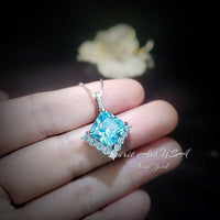 Gemstone Style Blue Aquamarine Necklace - 6.5 CT Square Princess Cut Aquamarine Pendant - 18KGP @ Sterling Silver - March Birthstone #588