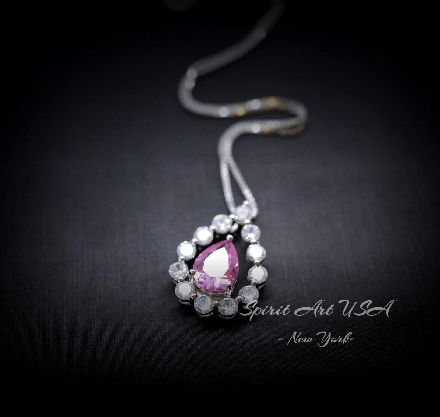 Pink Tourmaline Necklace - Dainty Pink Tourmaline Pendant - Gemstone Rounded Halo Teardrop Halo Pink Tourmaline Jewelry #970