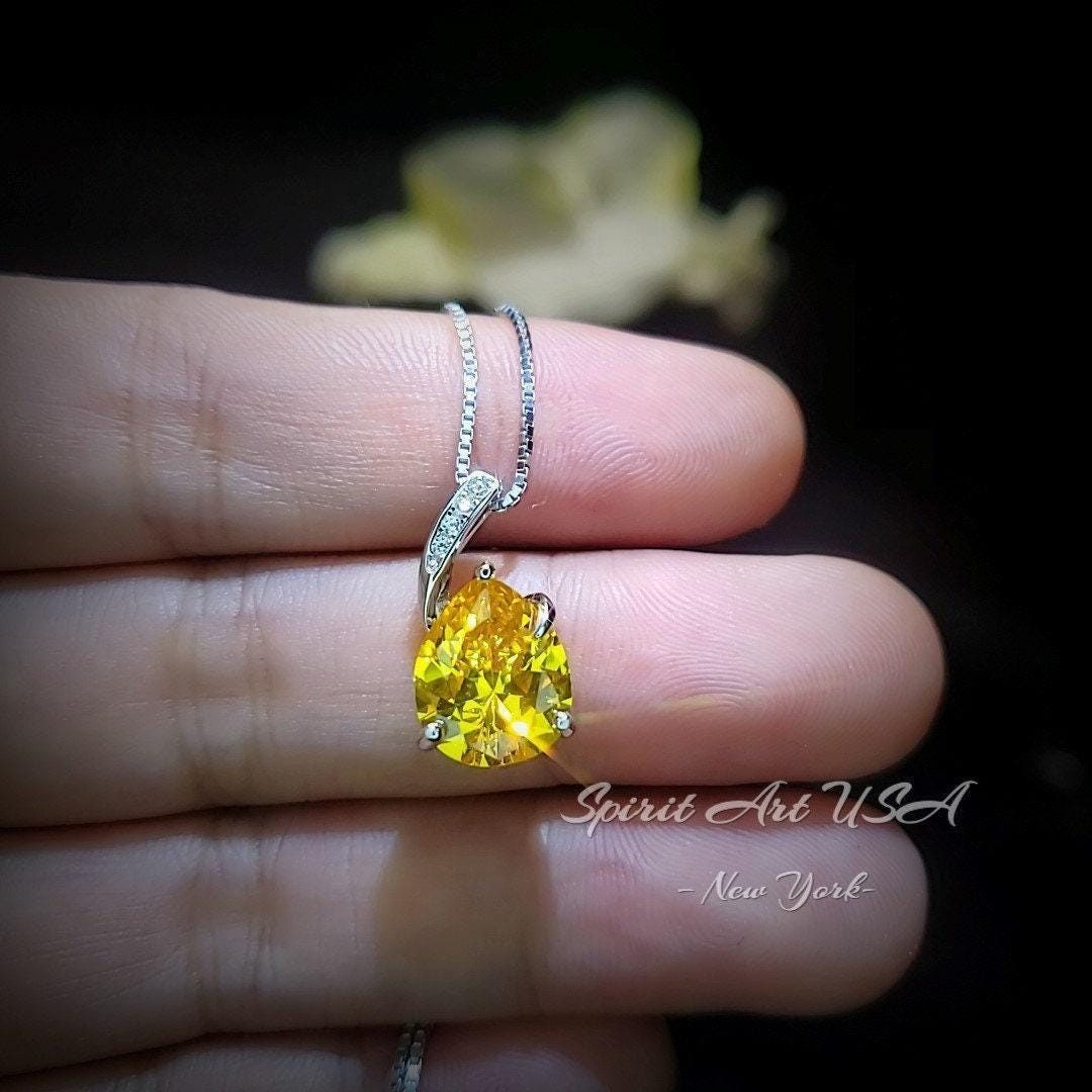 Yellow Moissanite Gemstone Necklace - Solitaire Teardrop Cut - 18KGP @ Sterling Silver - Lab Created Citrine November Birthstone #585