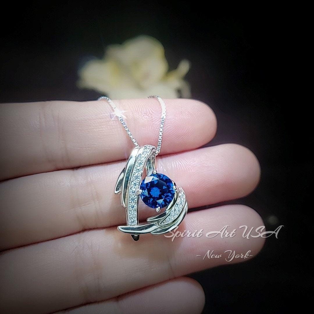 Protective Angel Wing Blue Sapphire Necklace - Sterling Silver White Gold Coated - 2CT Round Cut Blue Sapphire Angel Wing Jewelry #883