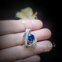 Protective Angel Wing Blue Sapphire Necklace - Sterling Silver White Gold Coated - 2CT Round Cut Blue Sapphire Angel Wing Jewelry #883