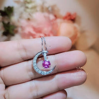 Pink Tourmaline Moon Crescent Necklace - One Necklace Two Wears - White Gold Sterling Silver - Gemstone Moon Necklace #230