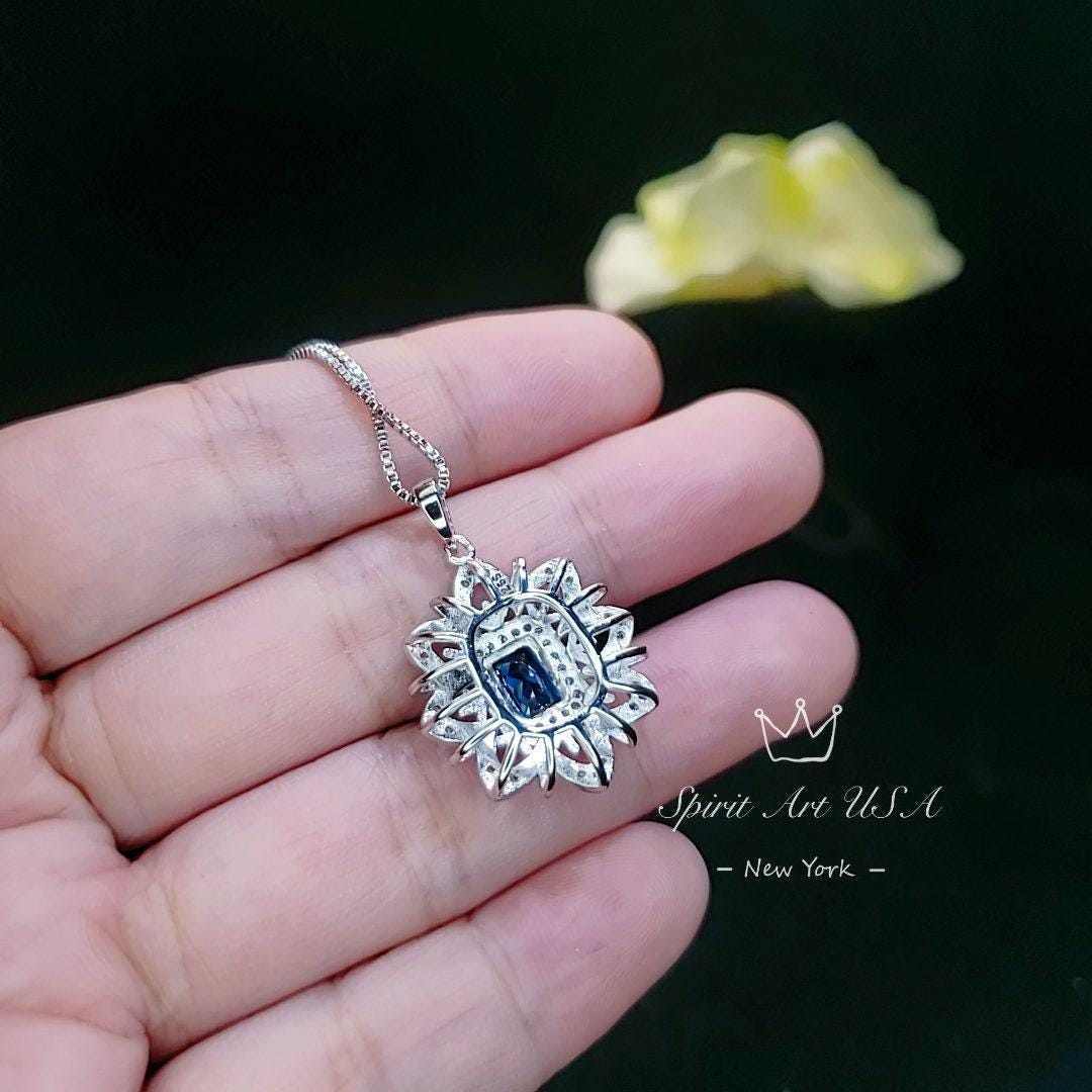 Spirit Flower Blue Sapphire Necklace - Sterling Silver - Rectangle Sapphire Pendant - September Birthstone Goddess Athena Necklace #673