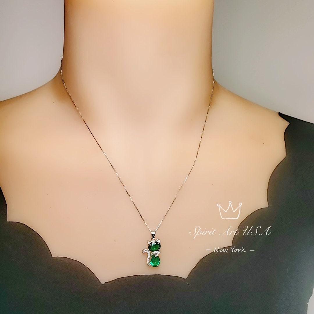 Cat Emerald necklace, Gemstone Kitty Cat Emerald Pendant, Sterling Silver Pet Cat lover gift Kitten Jewelry #217