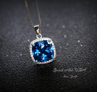 Large Radiant Blue Sapphire Necklace - 925 Sterling Silver Made Sim Gemstone White Gold September Birthday Blue Gemstone Jewelry #549