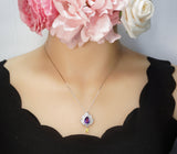 Amethyst Necklace - Gemstone Lotus Flower Pendant - 18kGP @ Sterling Silver -Teardrop Halo Genuine Amethyst Pendant #924