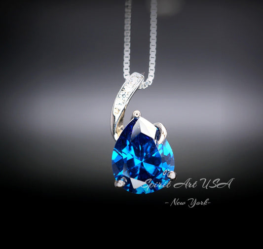 Teardrop Blue Sapphire Necklace - Solitaire Pear Cut 3.5CT - 18KGP @ Sterling Silver - Simple Large Blue Sapphire Pendant #687