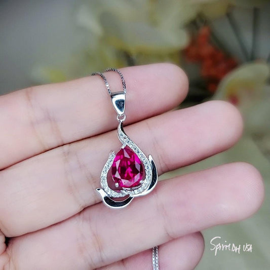 Large Ruby Necklace , High Quality Red Ruby Jewelry, Full 925 Silver Box Chain Peach Fruit Style Halo Ruby Pendant 1057
