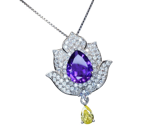 Amethyst Necklace - Gemstone Lotus Flower Pendant - 18kGP @ Sterling Silver -Teardrop Halo Genuine Amethyst Pendant #924