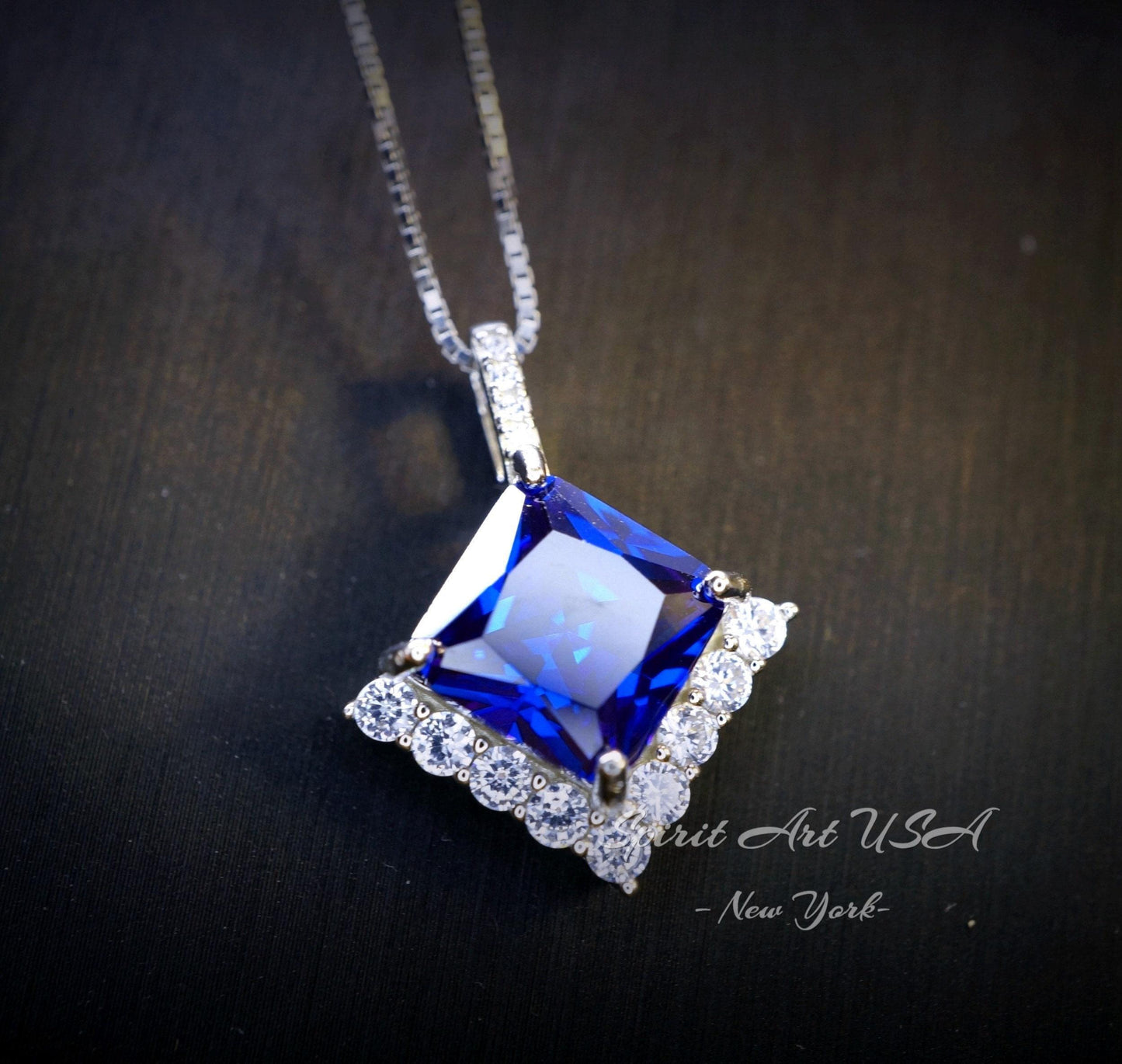 Large Gemstone Style Blue Tanzanite Necklace - 6.5 CT Square Princess Cut - Energic Lab Created Blue Tanzanite Pendant #769
