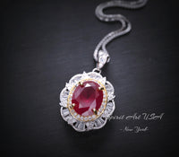 Ruby Flower Necklace - Sterling Silver 3 ct Oval Diamond Red Gemstone Pendant 14k White Gold Plated July Birthstone Gold Surround Style #710
