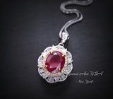 Ruby Flower Necklace - Sterling Silver 3 ct Oval Diamond Red Gemstone Pendant 14k White Gold Plated July Birthstone Gold Surround Style #710