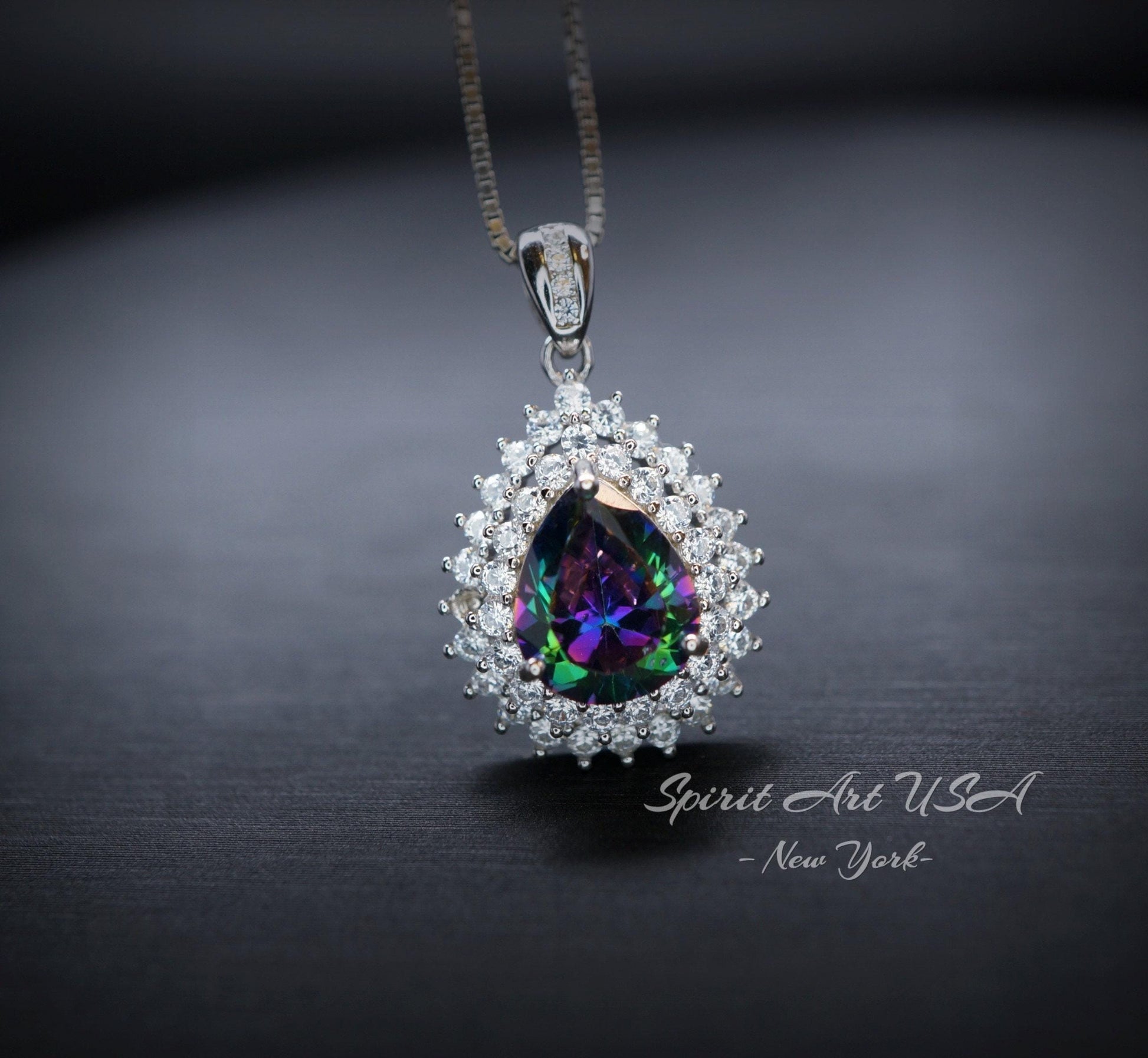 Double Halo Mystic Topaz Necklace - 18KGP Sterling Silver - 3 CT eardrop Rainbow Mystic Topaz Pendant - Gemstone Pear Layered #490