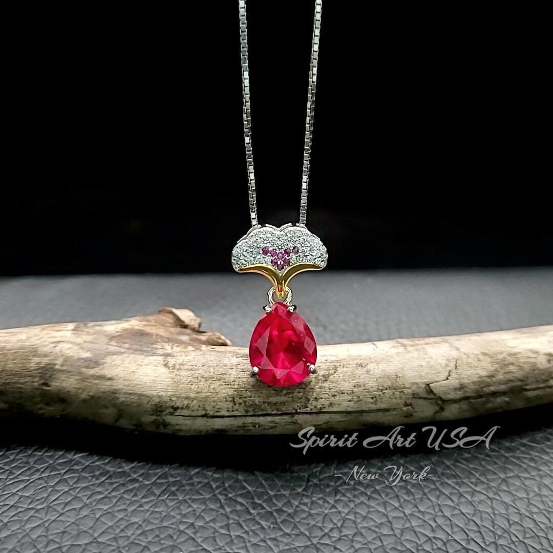 Ruby Necklace - Ginkgo biloba Pendant - 18kgp @ Sterling Silver - Large Teardrop Pear 3.5 CT Red Ruby - Gemstone Leaf Jewelry #867