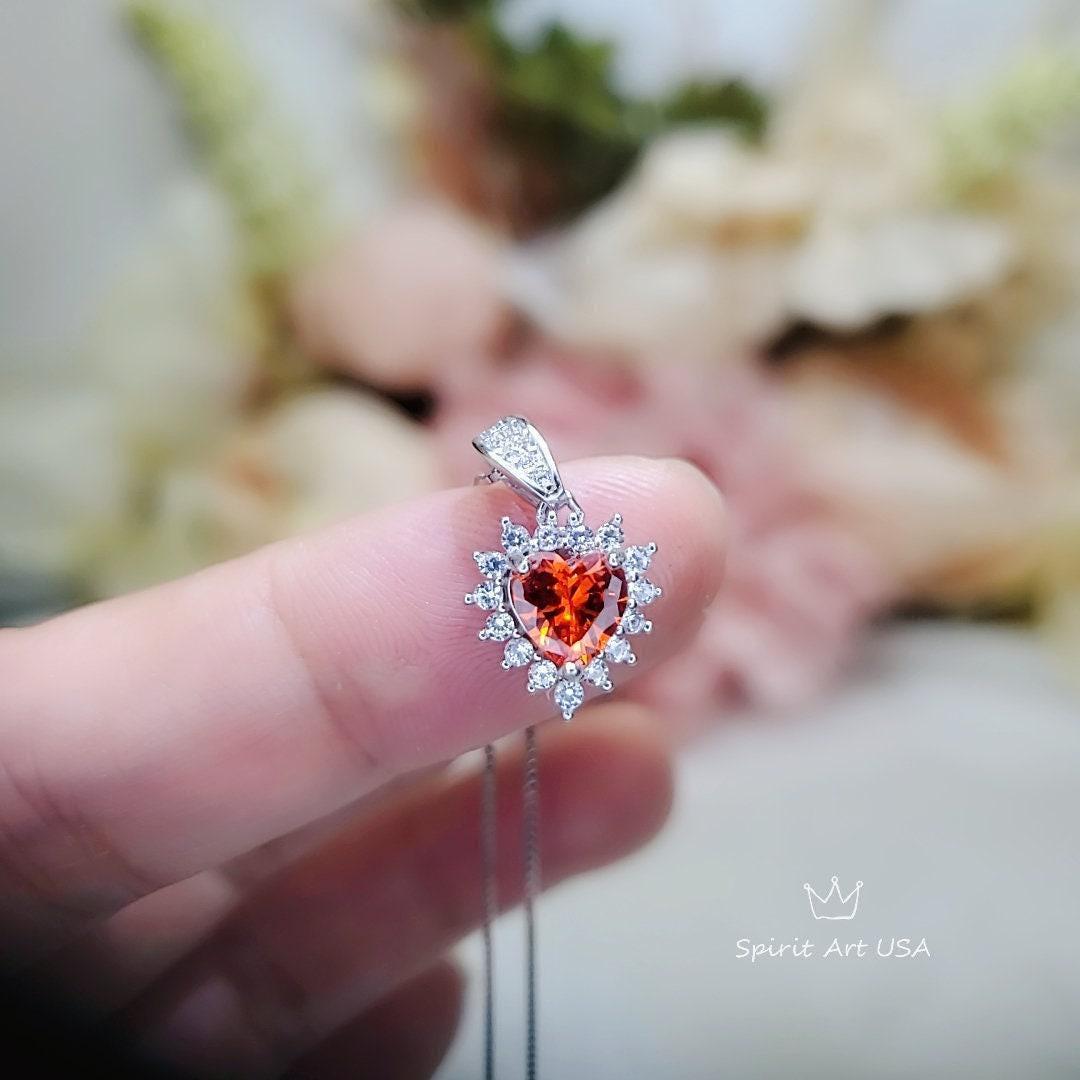 Tiny Sunstone Heart Necklace - Sterling Silver Tangerine Sapphire Spessartite Garnet Necklace Minimalist Orange Heart Pendant 024