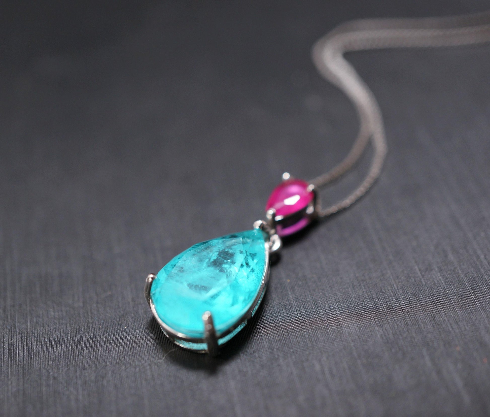 Sterling Silver Teardrop Paraiba Necklace - Dainty Red Ruby 6 CT Synthetic Lab Created Blue Paraiba Tourmaline Necklace #726