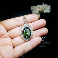 Peridot Necklace Gemstone Royal - White gold coated Sterling Silver - 14 ct Oval Cut Green Peridot Pendant #917