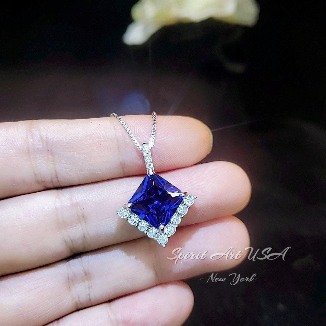 Large Gemstone Style Blue Tanzanite Necklace - 6.5 CT Square Princess Cut - Energic Lab Created Blue Tanzanite Pendant #769