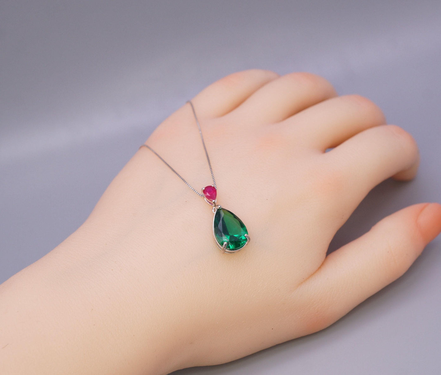 Double Teardrop Emerald Necklace Green Pear Cut Emerald Pendant 18kgp @ Sterling Silver - Large Emerald Jewelry - May Birthstone #729