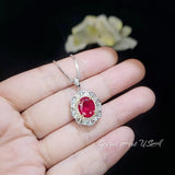 Ruby Flower Necklace - Sterling Silver 3 ct Oval Diamond Red Gemstone Pendant 14k White Gold Plated July Birthstone Gold Surround Style #710