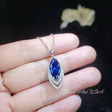 Blue Sapphire Necklace Marquise Cut White Gold Coated Full Sterling Silver Large 3 CT Blue Sapphire Pendant Gemstone Leaf Navette Style #676