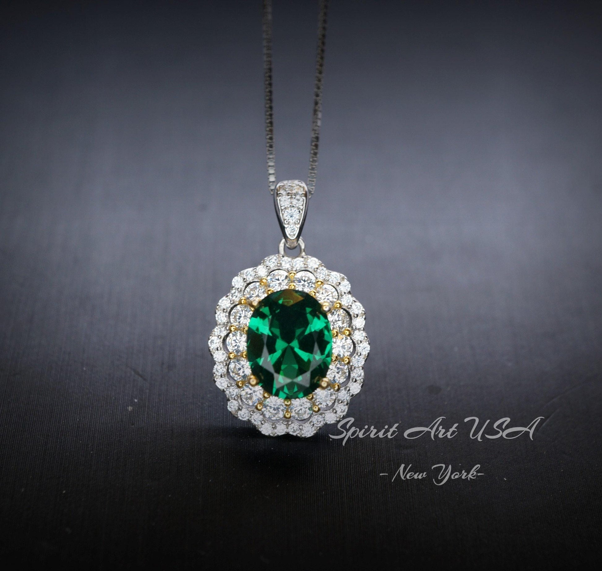 Double Halo Emerald Necklace - Green Emerald Pendant - 18kgp @ Sterling Silver - May Birthstone - Emerald Jewelry #593