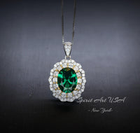 Double Halo Emerald Necklace - Green Emerald Pendant - 18kgp @ Sterling Silver - May Birthstone - Emerald Jewelry #593