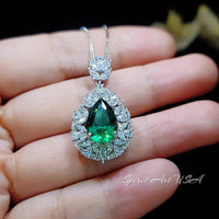 Emerald Necklace - Wheat Style -Teardrop Pear Cut - 18KGP Sterling Silver - 3 CT Green Emerald Pendant - Gemstone Flower May Birthstone #891