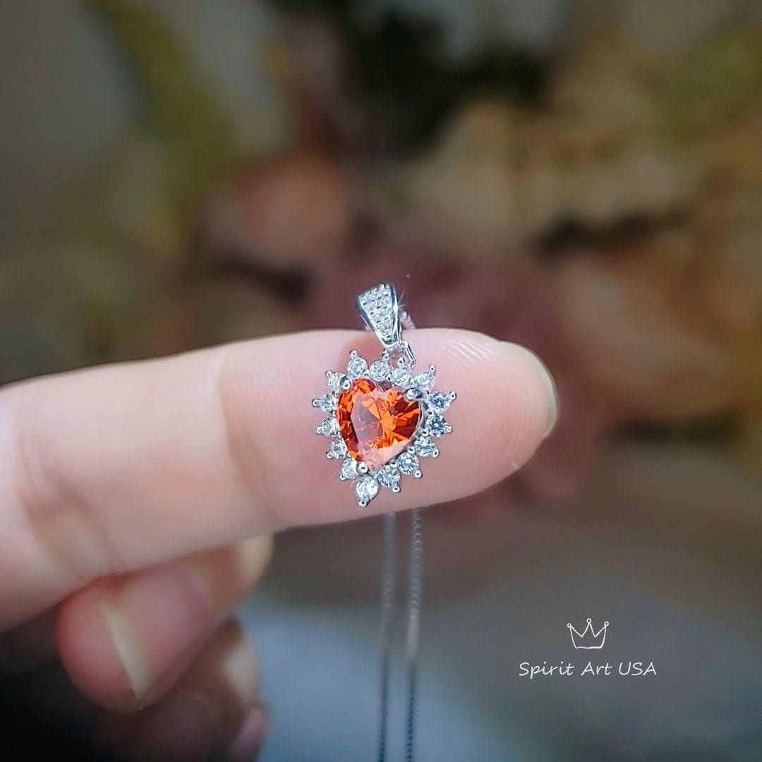 Tiny Sunstone Heart Necklace - Sterling Silver Tangerine Sapphire Spessartite Garnet Necklace Minimalist Orange Heart Pendant 024