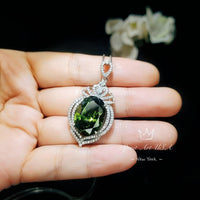 Peridot Necklace Gemstone Royal - White gold coated Sterling Silver - 14 ct Oval Cut Green Peridot Pendant #917