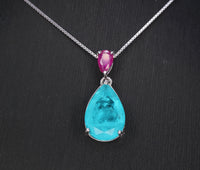 Sterling Silver Teardrop Paraiba Necklace - Dainty Red Ruby 6 CT Synthetic Lab Created Blue Paraiba Tourmaline Necklace #726