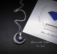 Blue Sapphire Necklace Gemstone Moon Pendant Sterling Silver Crescent - White Gold Plated Two Separated Pendant September Birthstone #231