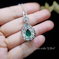 Emerald Necklace - Wheat Style -Teardrop Pear Cut - 18KGP Sterling Silver - 3 CT Green Emerald Pendant - Gemstone Flower May Birthstone #891