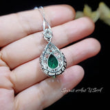 Emerald Necklace - Wheat Style -Teardrop Pear Cut - 18KGP Sterling Silver - 3 CT Green Emerald Pendant - Gemstone Flower May Birthstone #891