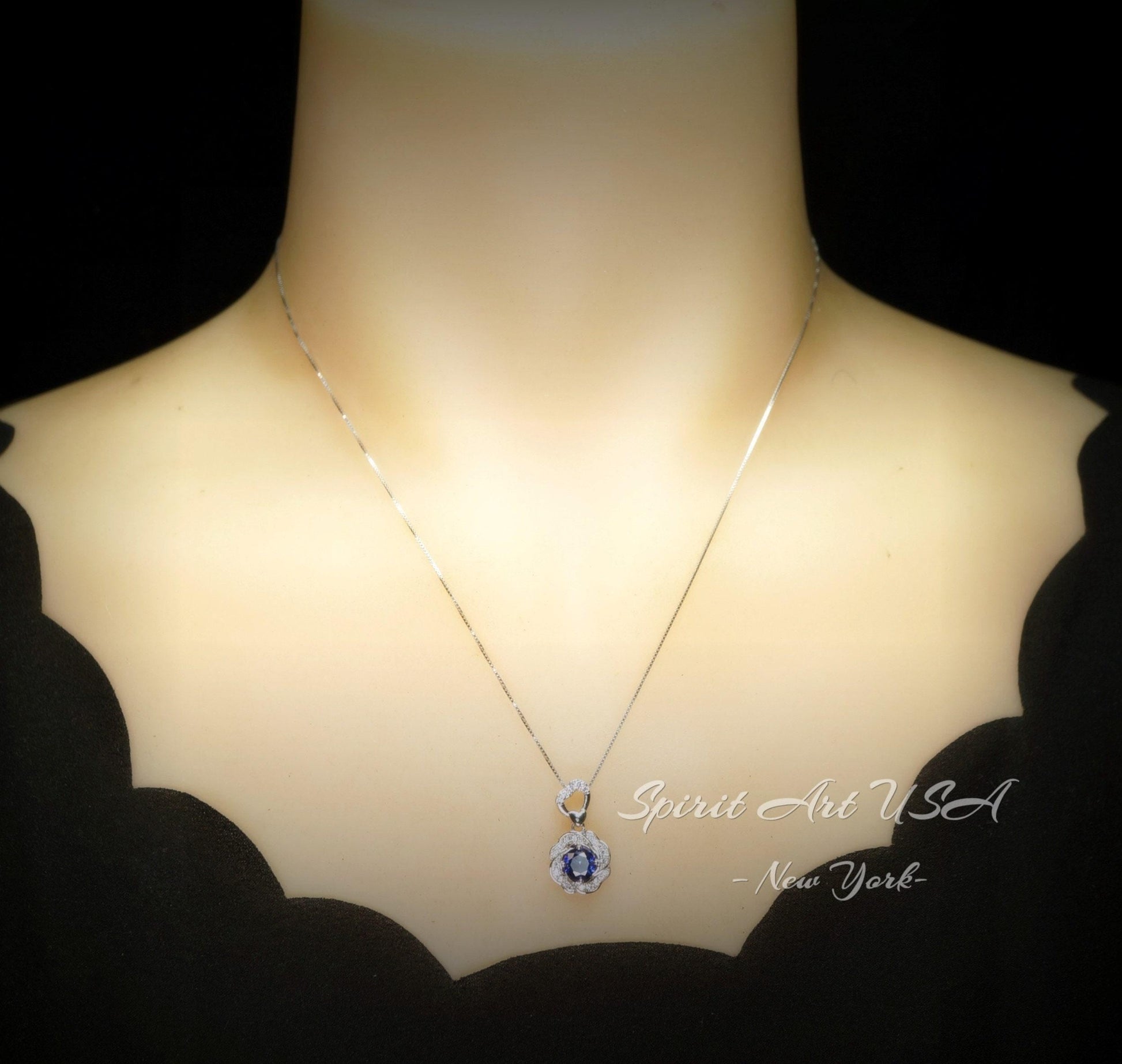 Tanzanite Necklace - Rose Flower Pendant - 18KGP @ Sterling Silver December Birthstone - Rose Flower Lab Created Blue Tanzanite Jewelry #457