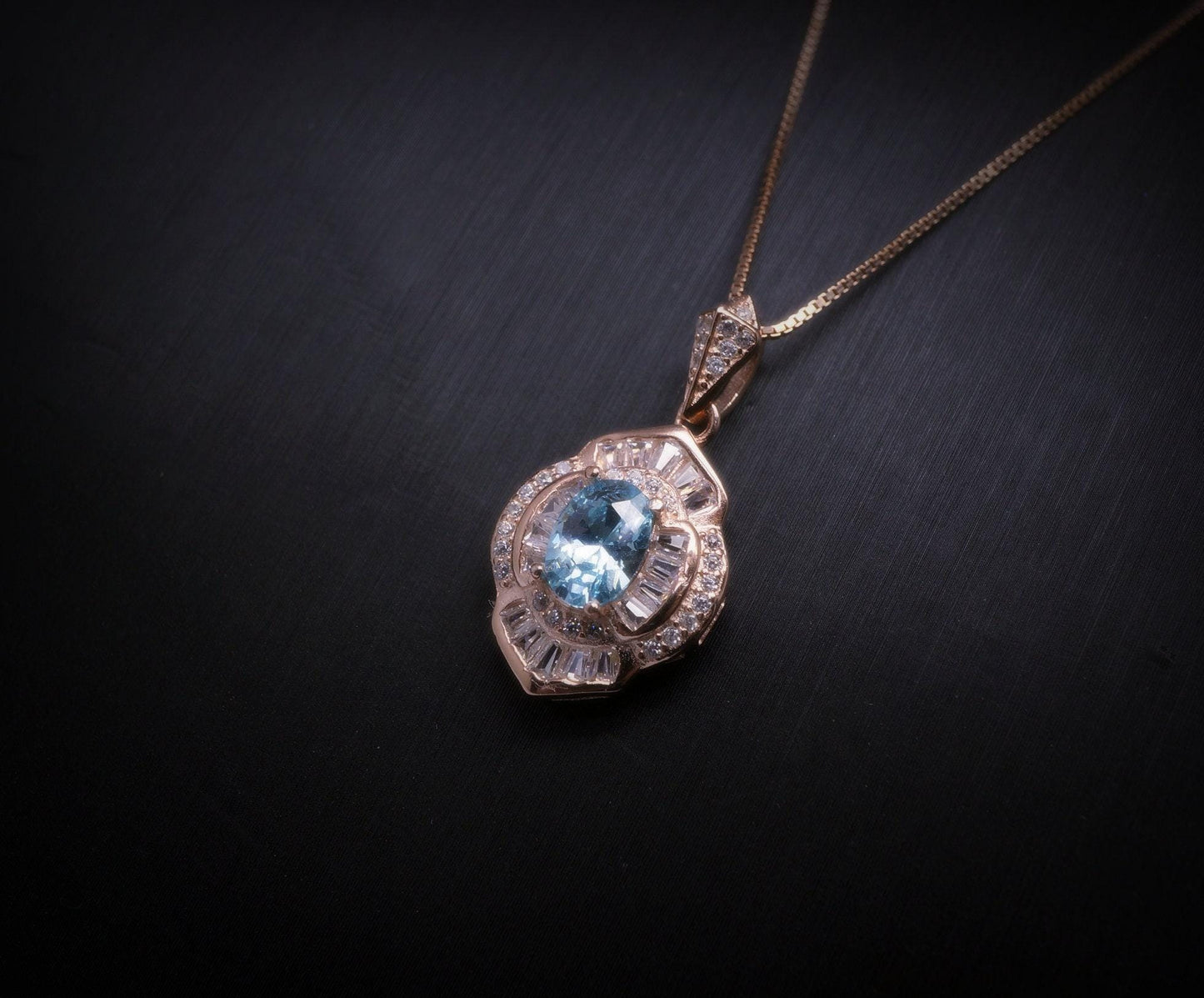 Aquamarine Necklace - 18KGP @ Sterling Silver - Blue Aquamarine Jewelry Rose gold Spiritual flower petal Pendant #500