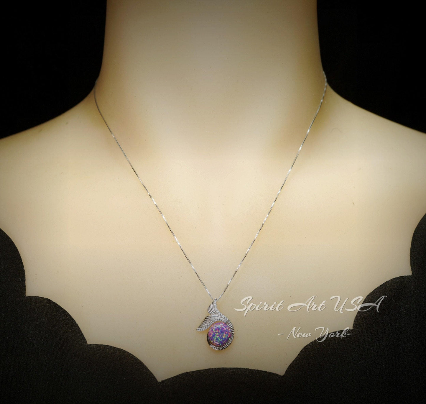 Purple Opal Necklace - Mermaid Fish Tail Pendant - 18KGP @ Sterling Silver #612