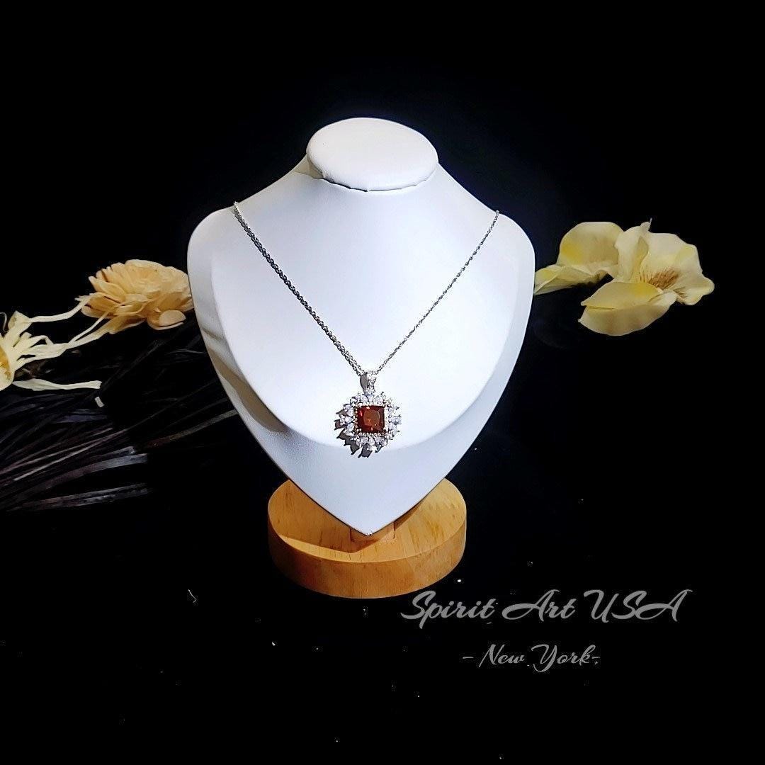 Large Square Garnet Necklace Halo Gold Square 7 CT 10 MM Deep Red Gemstone Pendant Sterling Silver White Gold plated #813