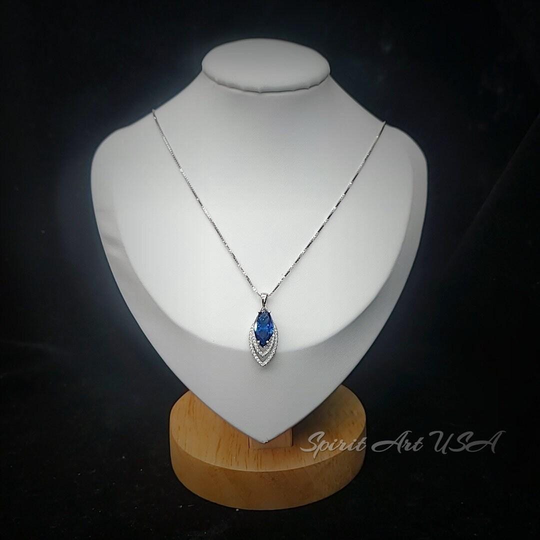 Blue Sapphire Necklace Marquise Cut White Gold Coated Full Sterling Silver Large 3 CT Blue Sapphire Pendant Gemstone Leaf Navette Style #676