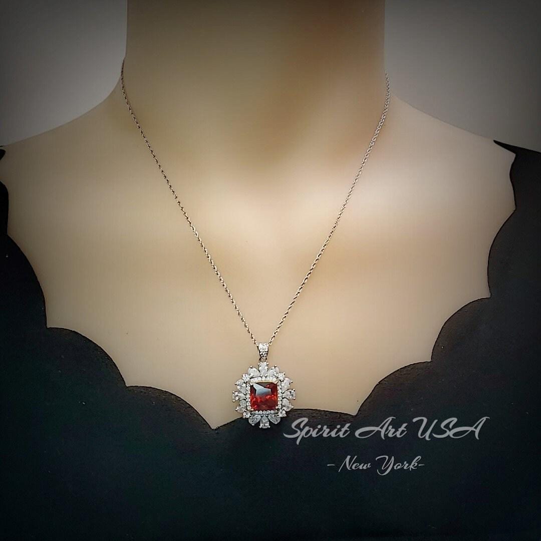 Large Square Garnet Necklace Halo Gold Square 7 CT 10 MM Deep Red Gemstone Pendant Sterling Silver White Gold plated #813