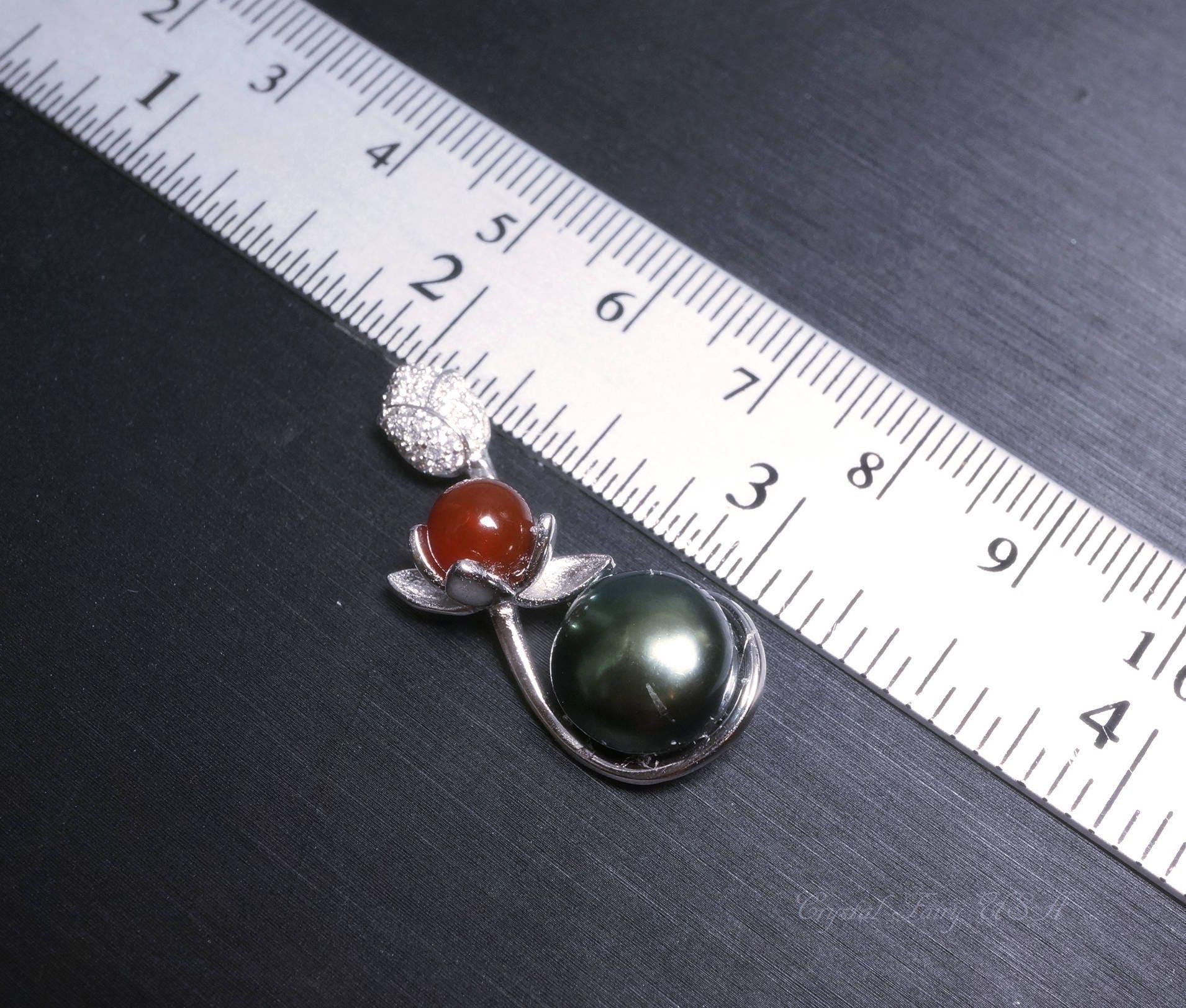 Genuine Black Pearl Necklace, Full Sterling Silver Lotus Flower Tiny Red Carnelian Nekclace Decorated CZ Stone Single Natural Pearl 1065