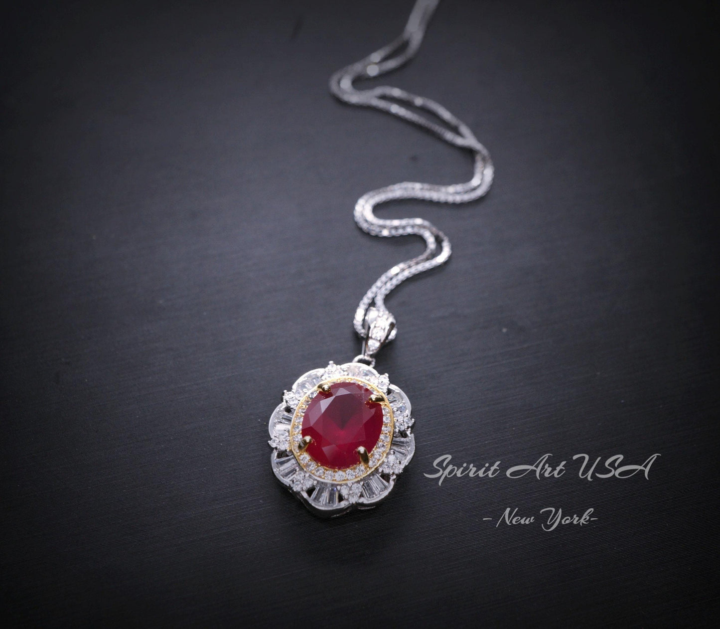 Ruby Flower Necklace - Sterling Silver 3 ct Oval Diamond Red Gemstone Pendant 14k White Gold Plated July Birthstone Gold Surround Style #710