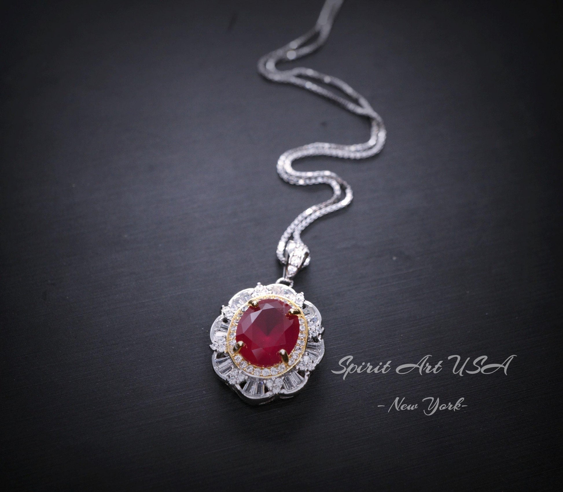 Ruby Flower Necklace - Sterling Silver 3 ct Oval Diamond Red Gemstone Pendant 14k White Gold Plated July Birthstone Gold Surround Style #710