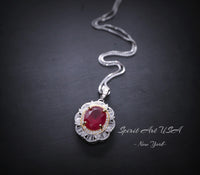 Ruby Flower Necklace - Sterling Silver 3 ct Oval Diamond Red Gemstone Pendant 14k White Gold Plated July Birthstone Gold Surround Style #710