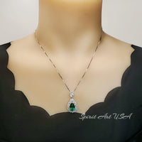 Emerald Necklace - Wheat Style -Teardrop Pear Cut - 18KGP Sterling Silver - 3 CT Green Emerald Pendant - Gemstone Flower May Birthstone #891